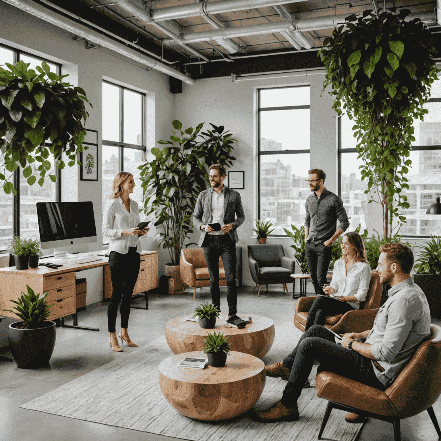 The Drivesure team in their Canadian office, a diverse group of professionals collaborating in a modern, eco-friendly workspace with plants and natural light