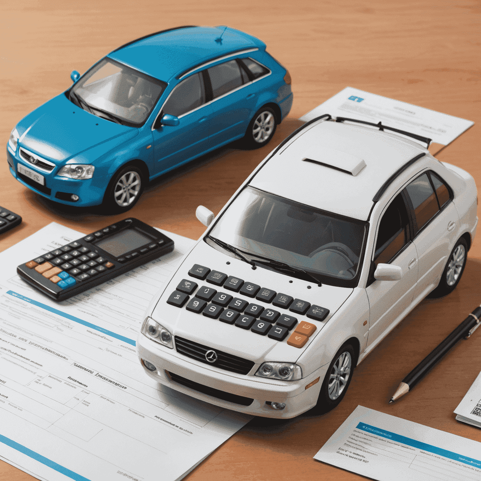 A car with a calculator and insurance documents on the hood, representing factors affecting car insurance rates