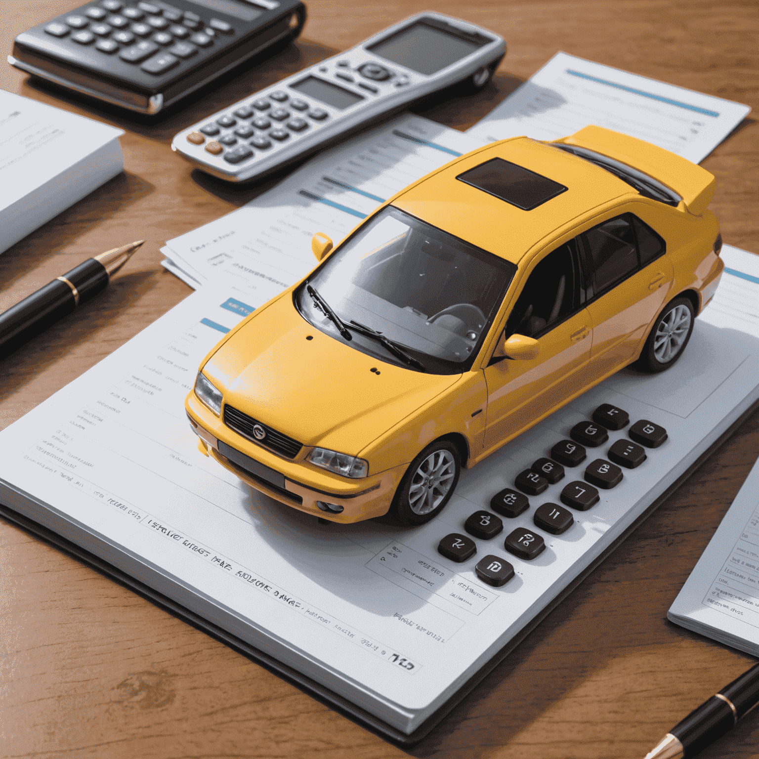 A car with a calculator and insurance documents on the hood, representing factors affecting car insurance rates