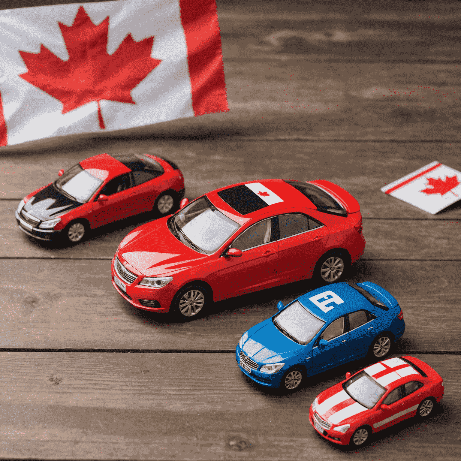 Various car insurance policies displayed on a wooden desk with a model car and a Canadian flag, representing the different types of car insurance coverage available in Canada