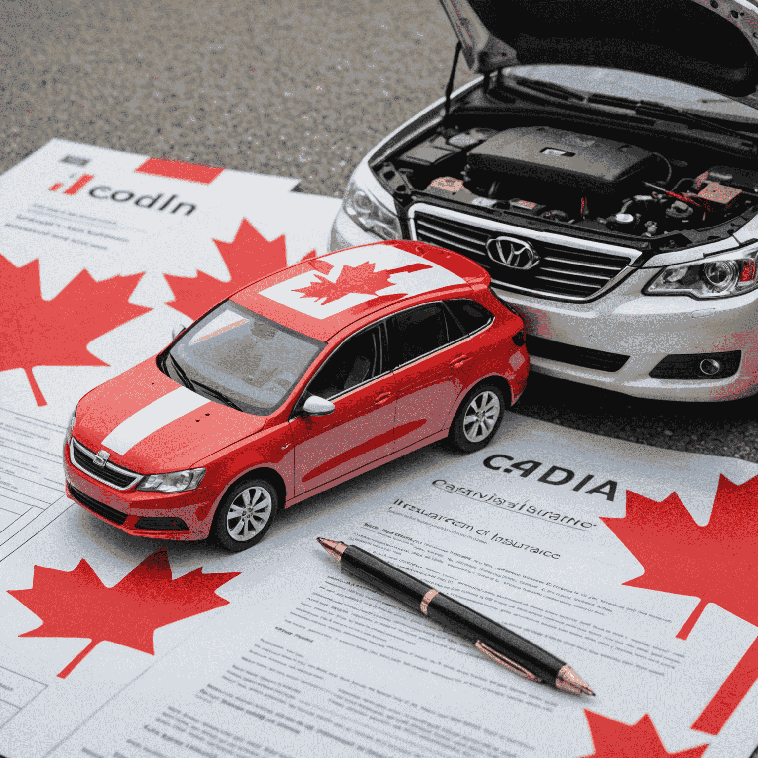 A Canadian flag next to a car and insurance documents, symbolizing car insurance savings in Canada