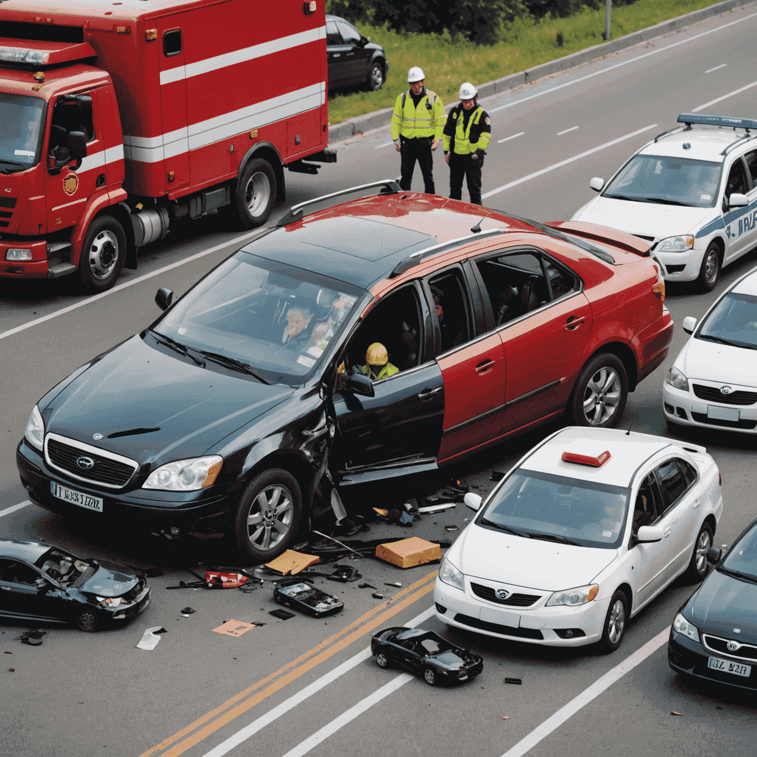 A car accident scene with two vehicles involved, emergency services present, and a person on the phone presumably contacting their insurance company