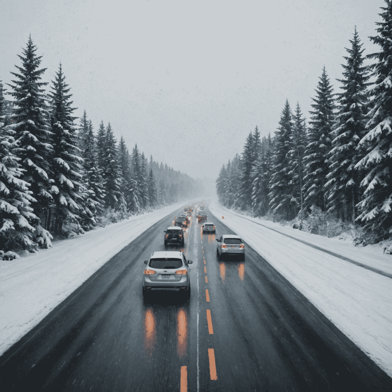 A snowy Canadian road with cars carefully navigating through winter conditions. The image showcases the harsh winter environment that Canadian drivers face, emphasizing the need for proper insurance coverage.