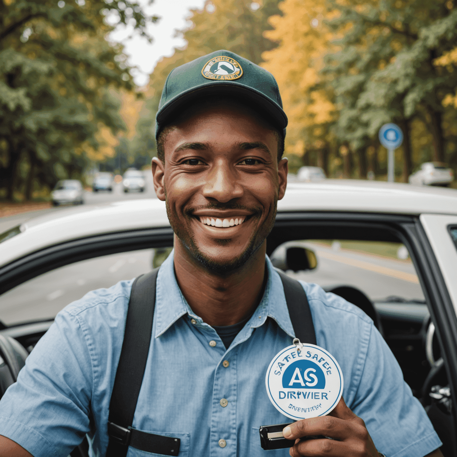A smiling driver behind the wheel with a 'safe driver' badge, representing the benefits of a clean driving record