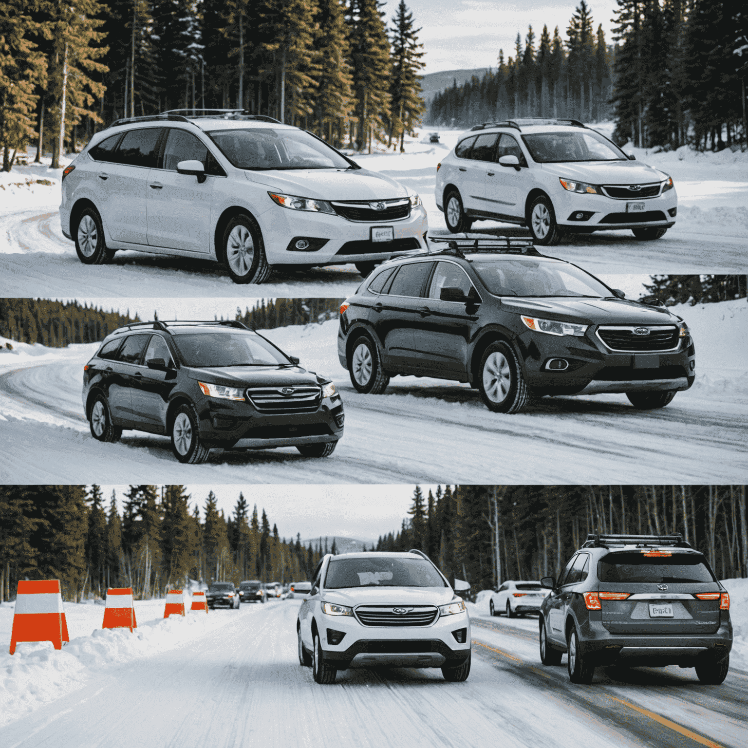 A collage showing various winter driving scenarios in Canada, including a car being towed, winter tires being installed, and a driver receiving roadside assistance. This image illustrates the importance of comprehensive winter insurance coverage.