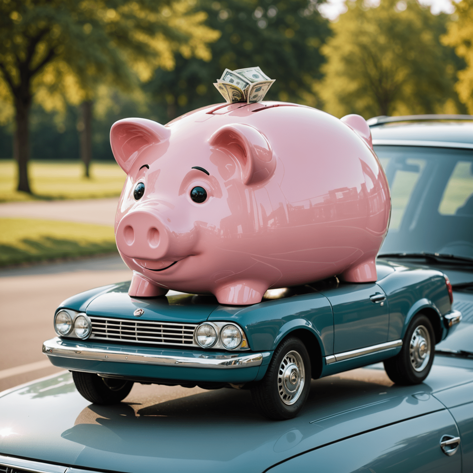 A piggy bank on top of a car, symbolizing savings on car insurance