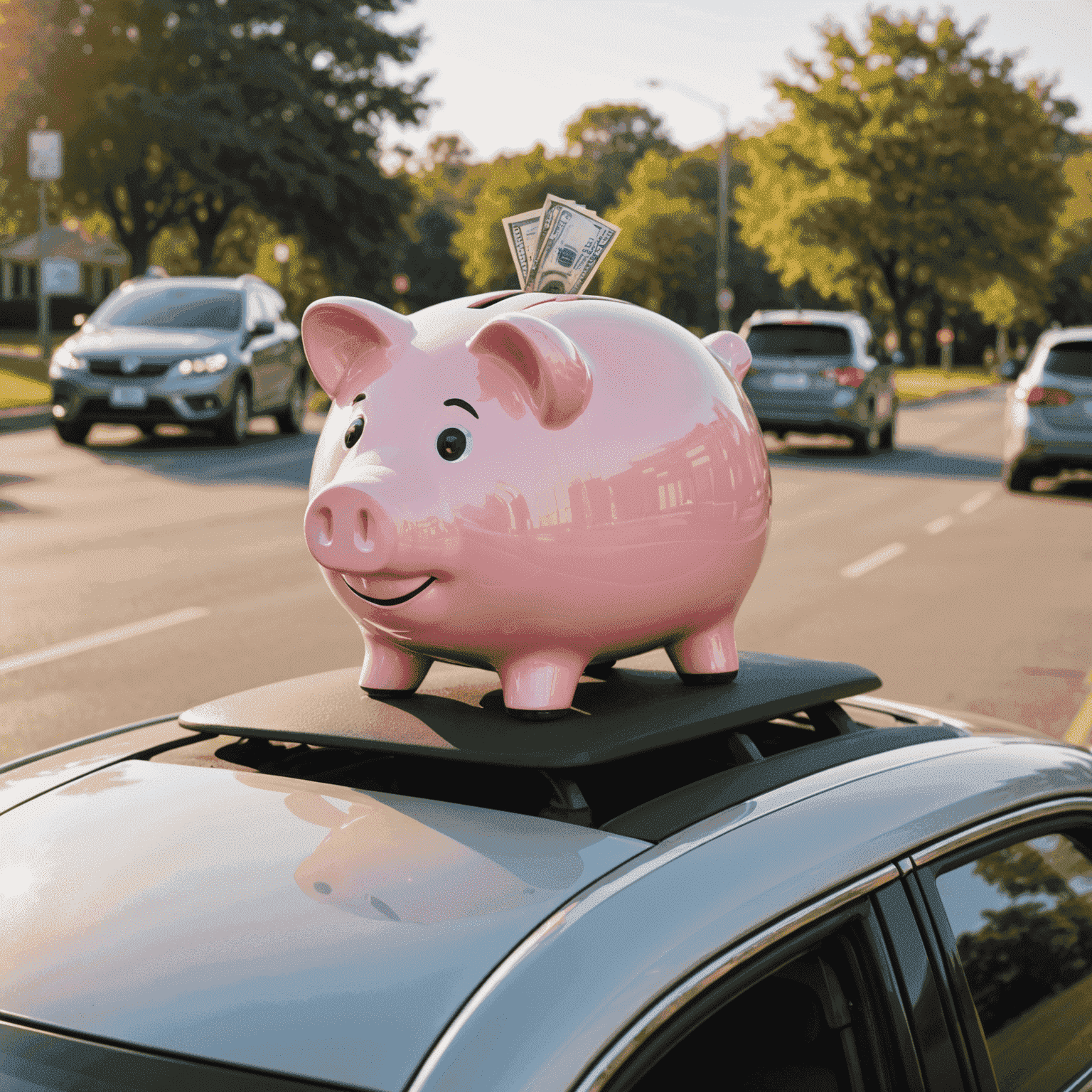 A piggy bank on top of a car, symbolizing savings on car insurance