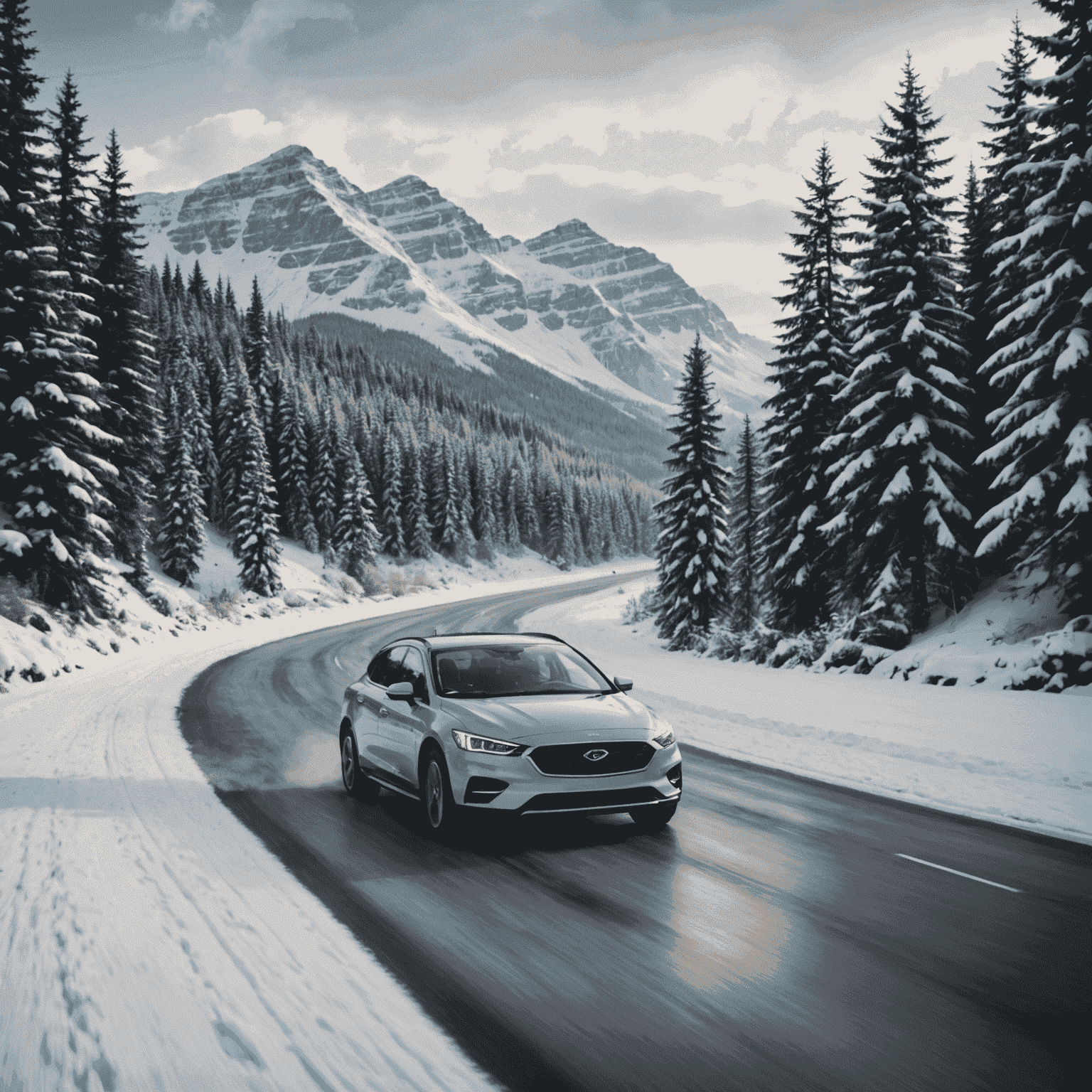 A car driving through a snowy Canadian landscape, highlighting winter driving conditions